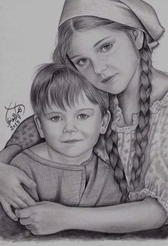 a pencil drawing of a mother and child