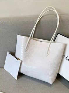 White Elegant,Fashionable Collar  PU Leather Textured Pattern Tote Bag Set Embellished   Women Bags Luxury White Business Bags, Elegant White Office Bag, Chic White Office Bags, White Rectangular Office Bags, White Rectangular Shoulder Bag For Office, Work Tote Bags For Women, Womens Work Bag