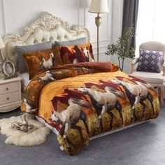 a bedroom with a bed covered in an orange and brown horse print comforter set