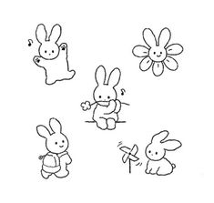 four little bunnies with flowers in the middle and one bunny on the other side