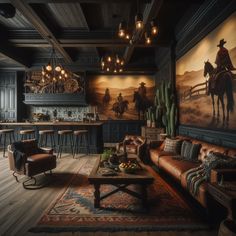 a living room filled with lots of furniture and paintings on the wall next to a bar