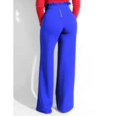 Royal Blue Ruffle Hem Straight Leg Casual Pants Chic Wide Leg Pants With Ruffles, Chic Blue Wide Leg Pants For Party, Blue Ruffled Bottoms For Party, Elegant Ruffled Blue Bottoms, Elegant Blue Ruffled Bottoms, Chic Ruffled Pants For Workwear, Casual Blue Wide Leg Pants For Party, Blue Wide Leg Pants For Party, Blue Wide-leg Party Pants