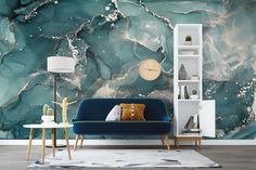 a living room with blue and gold marble wallpaper