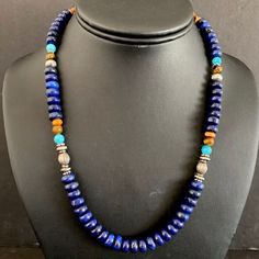 Sterling Silver Lapis Multi Stone Bead Necklace. 18 Inch Mens Pearl Necklace, Turquoise Coral Jewelry, Stone Bead Necklace, Silver Turquoise Earrings, Lapis Jewelry, African Accessories, Lapis Necklace, Beaded Necklace Designs, Turquoise Bead Necklaces