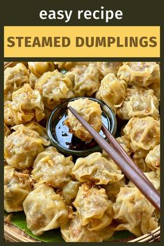 steamed dumplings in a basket with chopsticks on the side and text overlay