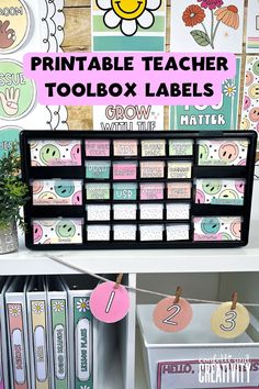 the printable teacher toolbox labels are on display in front of bookshelves