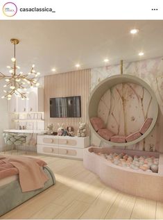 the bedroom is decorated in pastel tones and has a circular bed with pink sheets