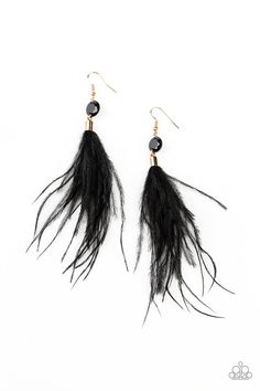 Fuzzy black feathers swing from the bottom of an oversized black rhinestone, creating a refined lure. Earring attaches to a standard fishhook fitting.Sold as one pair of earrings Bedazzled Jewelry, Jewelry Gold Earrings, Fish Hook Earrings, Paparazzi Accessories, Black Feathers, White Rhinestone, Rhinestone Bead, Black Earrings, Affordable Jewelry