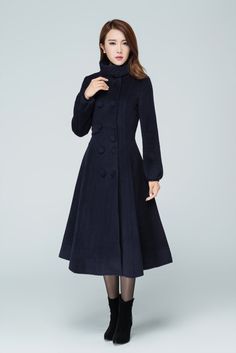 dark blue coat wool coat swing coat double breasted by xiaolizi Formal Winter Wool Coat With Stand Collar, Formal Wool Coat With Stand Collar For Winter, Navy Double-breasted Pea Coat For Winter, Winter Long Coat With Double-breasted Button Fastening, Winter Wool Coat With Stand Collar, Winter Long Coat Peacoat With Double-breasted Buttons, Winter Long Peacoat With Double-breasted Buttons, Navy Double-breasted Peacoat For Winter, Elegant Wool Coat With Stand Collar And Buttons