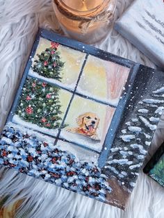 a painting of a dog looking out the window with christmas trees and presents around it