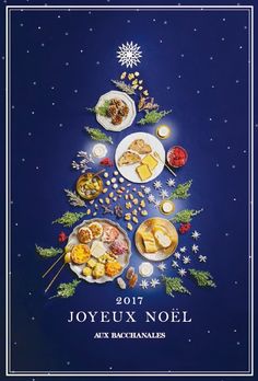 a christmas tree made out of food on top of a blue background with the words joyeux noel