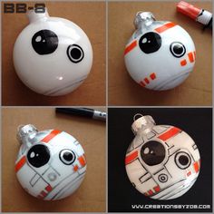 four different pictures of star wars ornaments with eyes and nose shapes, including a bbg pen