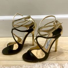 Beautiful Shoes !! I Wore Once And They Were A Bit High For Me.. Size 35.5 Which I Believe Is Size 5. Gold Strappy Heels, Jimmy Choo Shoes, Strappy Heels, Beautiful Shoes, Jimmy Choo, Shoes Women Heels, Shoes Heels, Women Shoes, Heels