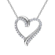 This classic heart pendant has a timeless appeal that she will love through out the years! Crafted in sterling silver, this heart pendant features round created white sapphire gemstones that embrace a heart silhouette setting. The pendant is 22mm in length and 20.2mm in width. An 18 inch sterling silver cable chain is included. White Sterling Silver Heart Pendant Diamond Necklace, White Diamond Heart Pendant Necklace In Sterling Silver, Classic Sterling Silver Diamond Necklace With Heart Charm, White Diamond Cut Heart Pendant Necklace, Classic Sterling Silver Heart-shaped Diamond Necklace, White Gold Round Pendant Heart Necklace For Anniversary, White Gold Heart Necklace With Round Pendant For Anniversary, Classic Heart-shaped Sterling Silver Diamond Necklace, Classic Sterling Silver Heart Diamond Necklace