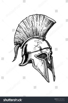 an ancient roman helmet with a mohawk on the side hand drawn in black and white