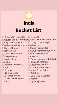 the india bucket list is shown on a pink background with black and white writing in it