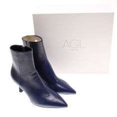 Agl Blue Blue Ankle Boots For Work, Modern Blue Heels For Work, Blue Pointed Toe Boots For Formal Occasions, Formal Blue Pointed Toe Boots, Elegant Blue Boots For Formal Occasions, Elegant Blue Formal Boots, Chic Blue Formal Boots, Elegant Blue Boots With Reinforced Heel, Formal Blue Ankle Boot Heels