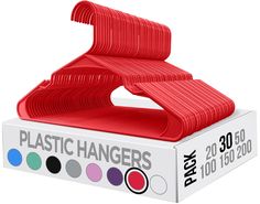 a red plastic hanger in a box with six different colors on the top and bottom