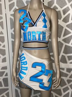 Custom Carolina Jersey two piece set Custom Jersey Dress, Jersey Party Outfit, Roblox Shirt Design, Jordan Party Ideas, Jersey Dress Outfit, Jersey Party, Blackpink Outfit, Tutorial Sewing, Jersey Dresses