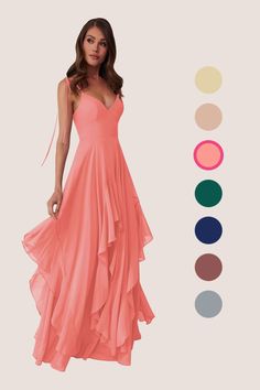 This flowy dress features double adjustable spaghetti straps with a bow tie at the shoulders, pockets, and a ruffled tier handkerchief cut skirt. Coral Bridesmaid Dresses, Evening Accessories, Rose Bridesmaid Dresses, White Bridesmaid Dresses, White Alabaster, Mother Wedding Dress, Chiffon Bridesmaid Dresses, Azazie Bridesmaid Dresses, Mai Tai