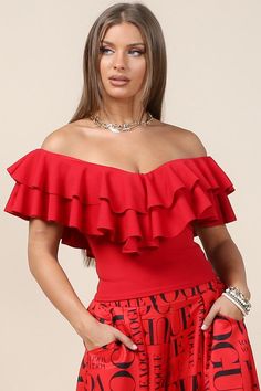 Red Fitted Blouse With Ruffles, Red Ruffled Feminine Tops, Fitted V-neck Ruffle Crop Top, Red Feminine Ruffle Top, Red Puff Sleeve Top With Ruffles, Neck Ruffle, Ruffle Top, Top Trends, Workout Tops