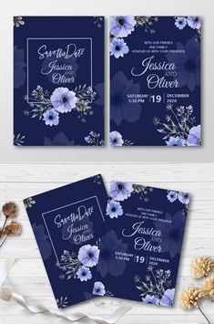 two wedding cards with blue flowers on the front and back, one is for an anniversary or