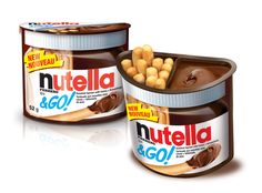 two jars of nutella and go are shown in this image, one is filled with peanut butter