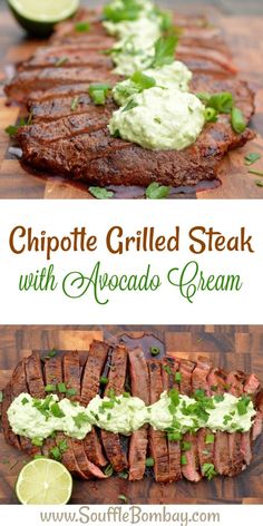 grilled steak with avocado cream and cilantro sauce on the side