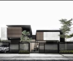 an architectural rendering of a modern house on the street with cars parked in front of it