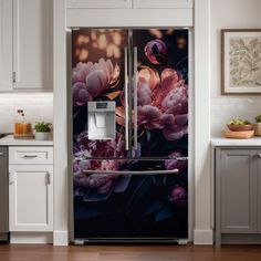 a refrigerator with flowers painted on it in a kitchen