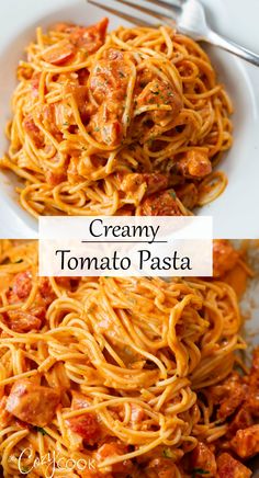 creamy tomato pasta with chicken and parmesan cheese is an easy, delicious dinner