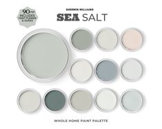 the sea salt paint palette is shown in various colors and sizes, including grays, white