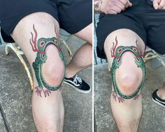 two pictures of a man with tattoos on his legs