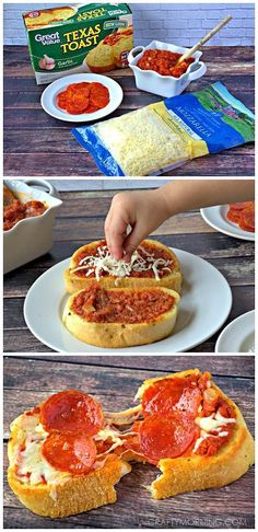 the process for making pizza bread is shown in three different pictures, including one being cut into