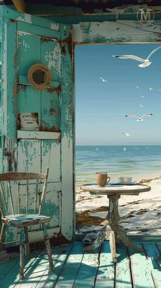 an open door leading to the beach with seagulls flying over it