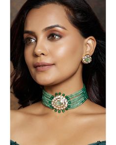 Multi Shaded Green Polki Choker Set - Joules By Radhika This designer handcrafted kundan polki beaded choker necklace & earring set is made with shade of green agates & carved monalisa stone in the centre. Ideal to be worn on festive, wedding & party occassions on your Indian & fusion attire. Every artistic piece from Joules by Radhika is made with real semi precious stones only, giving it a regal look & feel. Necklace has adjustable locking system to fit all neck sizes. SET INCLUDES: Maang Tikk Indian Necklace Green, Luxury Green Cutdana Necklace, Necklace For Green Saree, Cheap Green Traditional Necklaces, Luxury Green Kundan Necklace For Festive Occasions, Cheap Green Traditional Necklace, Luxury Green Kundan Choker, Luxury Green Choker For Festive Occasions, Luxury Green Festive Choker