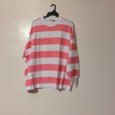 Asos Design Super Oversized Stripe Tshirts In Chunky Pink White Stripe With Long Sleeve Pink White New In Original Packaging Opened For Pictures Size Usa 12 White Short Sleeve Sweatshirt For Spring, Oversized White Spring Tops, Trendy White Drop Shoulder Top, Casual White Drop Shoulder Top, White Drop Shoulder Top For Loungewear, White Drop Shoulder T-shirt For Spring, White Oversized Casual Top, Oversized White Tops For Loungewear, Baggy Pink Shirt