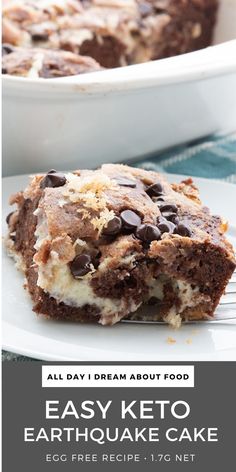 Close up photo of a slice of keto earthquake cake on a white plate, with the pan in the background. Earthquake Cake Recipes, Earthquake Cake, Keto Chocolate Cake, Low Carb Cake, Sugar Free Cake, Keto Friendly Desserts, Keto Cake