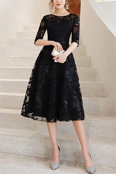 Black Evening Dress Elegant, Black Tea Length Dress, Trendy Lace Dresses, Black Aline Dress, Formal Dresses Knee Length, Cocktail Dress Elegant, Full Skirt Dress, Black Dress Formal, Evening Dresses Short