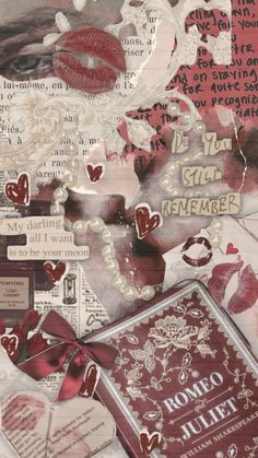 altered collage with red and white paper hearts, love notes, and other items