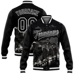 Custom Black White Chicago Illinois City Edition 3D Bomber Full-Snap Varsity Letterman Jacket Black Team Outerwear For Sports Events, Black Long Sleeve Varsity Jacket For Baseball Season, Team Spirit Black Outerwear For Streetwear, Black Team Spirit Outerwear For Streetwear, Urban Style Varsity Jacket With Baseball Collar, Collegiate Black Varsity Jacket For Game Day, Black Collegiate Varsity Jacket For Game Day, Collegiate Black Varsity Jacket For Sports Events, Collegiate Black Varsity Jacket With Baseball Collar