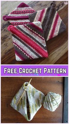 crochet patterns are shown in three different colors and sizes, including one with a knot