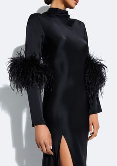 Satin Draped Neck Bias Dress With Feathers in Black Black | LAPOINTE Silk Evening Dress With Feather Trim, Glamorous Long Sleeve Satin Formal Dress, Satin Dress With Draped Sleeves For Party, Glamorous Long Sleeve Satin Evening Dress, Long Sleeve Dresses With Satin Finish For Gala, Long Sleeve Satin Finish Dress For Gala, Long Sleeve Satin Dress For Gala, Formal Winter Dresses With Feathers, Winter Formal Dress With Feathers