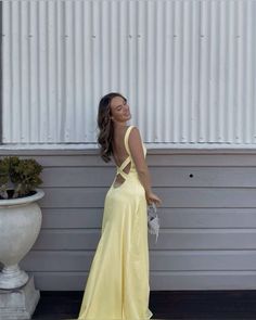 Prom Dress Inspiration Yellow, Prom Dresses Light Yellow, Fancy Prom Dresses Long Ball Gown, Andie Anderson Yellow Dress, Backless Satin Prom Dress, Andie Anderson Outfits, Prom Yellow Dress, Yellow Ball Dress, Pale Yellow Prom Dress