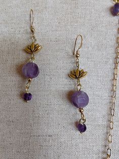 Amethyst Necklace & Drop Earring Set - Etsy Handmade Amethyst Jewelry For Meditation, Bohemian Gold Faceted Earrings, Faceted Round Brass Jewelry, Gold Amethyst Round Earrings, Gold Faceted Brass Jewelry, Faceted Gold Brass Jewelry, Healing Bronze Gemstone Beads Jewelry, Gold Dangle Earrings With Gemstone Beads, Spiritual Gold Jewelry With Faceted Beads