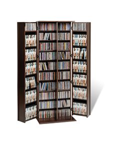 a tall wooden bookcase with many dvds on the front and side shelves in it