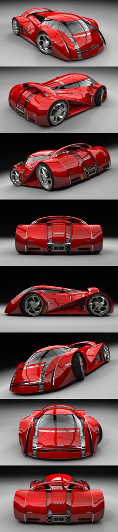 a red sports car is shown in three different angles, with the front and back sides facing