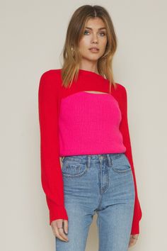 True to Size100% AcrylicHand Wash Cold, Dry FlatLong SleevesCenter Front CutoutKnit FabricationNo ClosuresNot LinedDemand attention in our Rozie Colorblock Crop Knit Cutout Sweater! This bright red and pink colorblock crop knit features a front cutout at the bust. Wear this unique piece with denim and heels. Size S: Length measures 19�” from shoulder to hem with a 32” bust Size M: Length measures 20.5” from shoulder to hem with a 34” bust Size L: Length measures 21.5” from shoulder to hem with a Colour Block Sweater, Cutout Sweater, Winter Fit, Fall Fit, Spring Fits, Valentine's Day Outfit, Pink Colour, Color Block Sweater, Colour Block