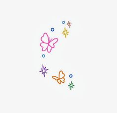 three colorful butterflies flying in the air with bubbles and stars around them on a white background