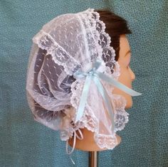 Lacy Daycap With Short Lappets Day Cap Historical Headwear | Etsy Fitted Vintage Bonnet With Lace Trim, Wedding Bonnet With Lace Trim, Vintage Wedding Bonnet With Lace Trim, Mountain Man Rendezvous, Cap Veil, Period Pieces, Satin Ribbon Bow, Simple Pearl, Doll Hat